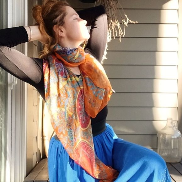 Gossamer silk blend scarf in orange yellow and green motif - Picture 6 of 13